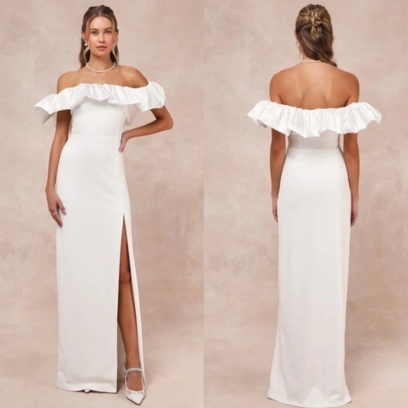 Lulu's Sincerely Passionate White Ruffled Off-the-Shoulder Maxi Dress S Wedding - Picture 1 of 13